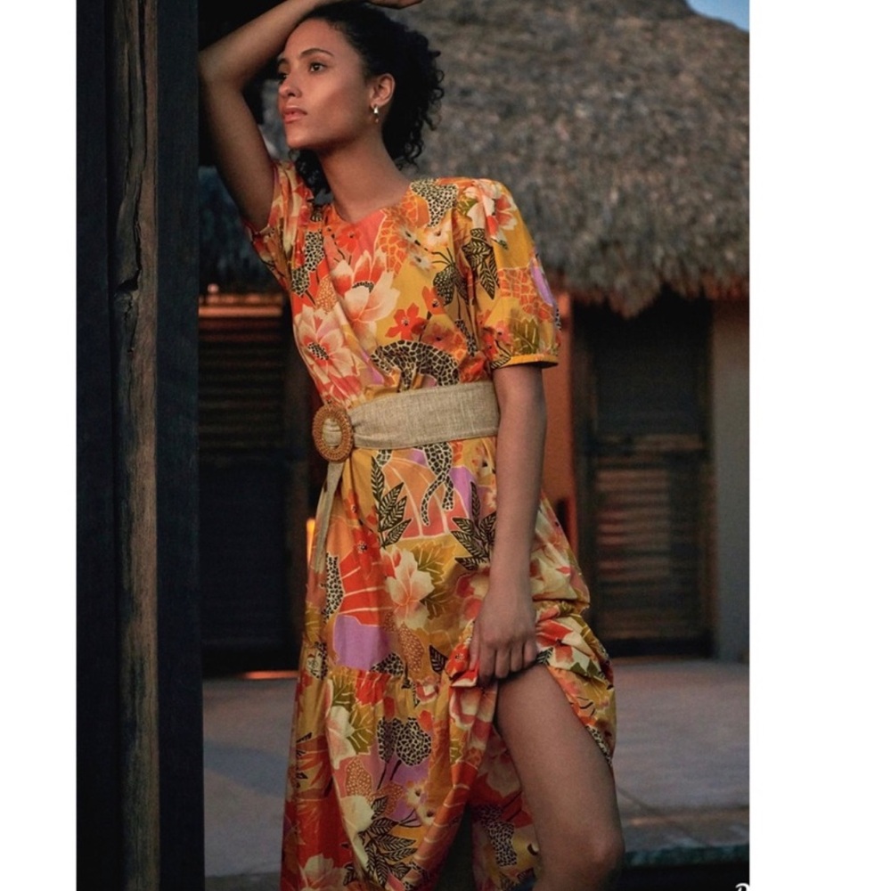 Floral Orange Midi Dress with Belt